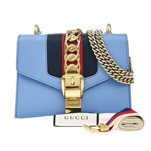 GUCCI Logo Sylvie Chain Mini Shoulder Bag Leather Blue GHW Italy 15EF777